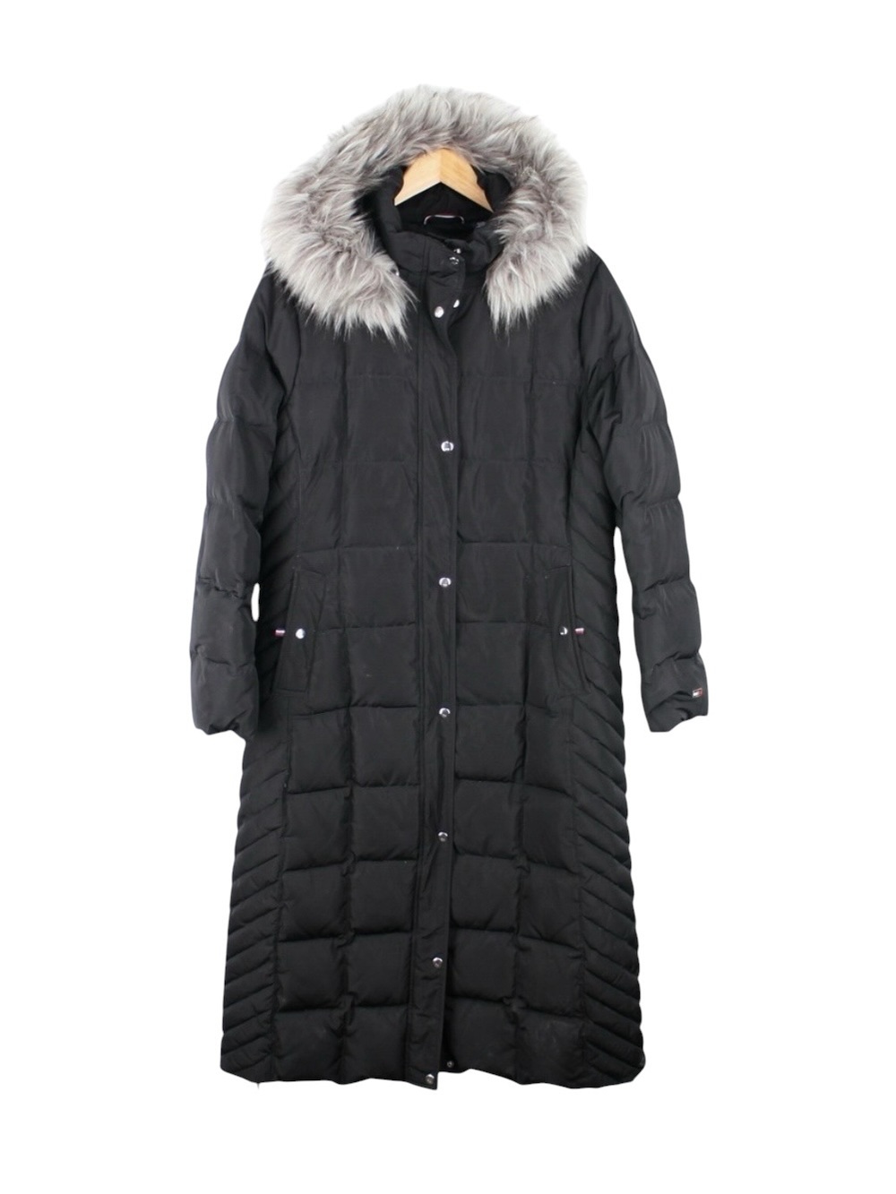 Tommy‎ Hilfiger Women's XL Long Puffer Down Coat Black Faux Fur Hood Jacket